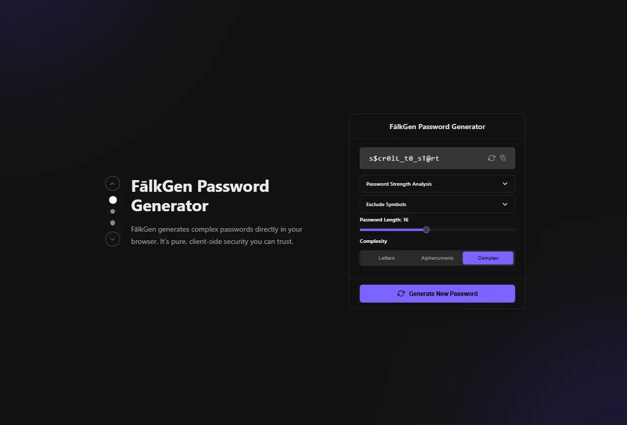 The FalkGen interface: a generated password above strength, symbol and complexity controls