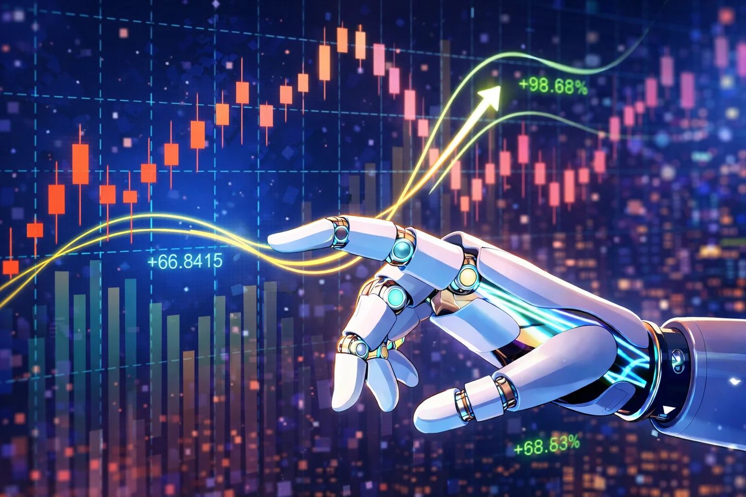 A robotic hand reaching toward glowing stock charts and candlesticks