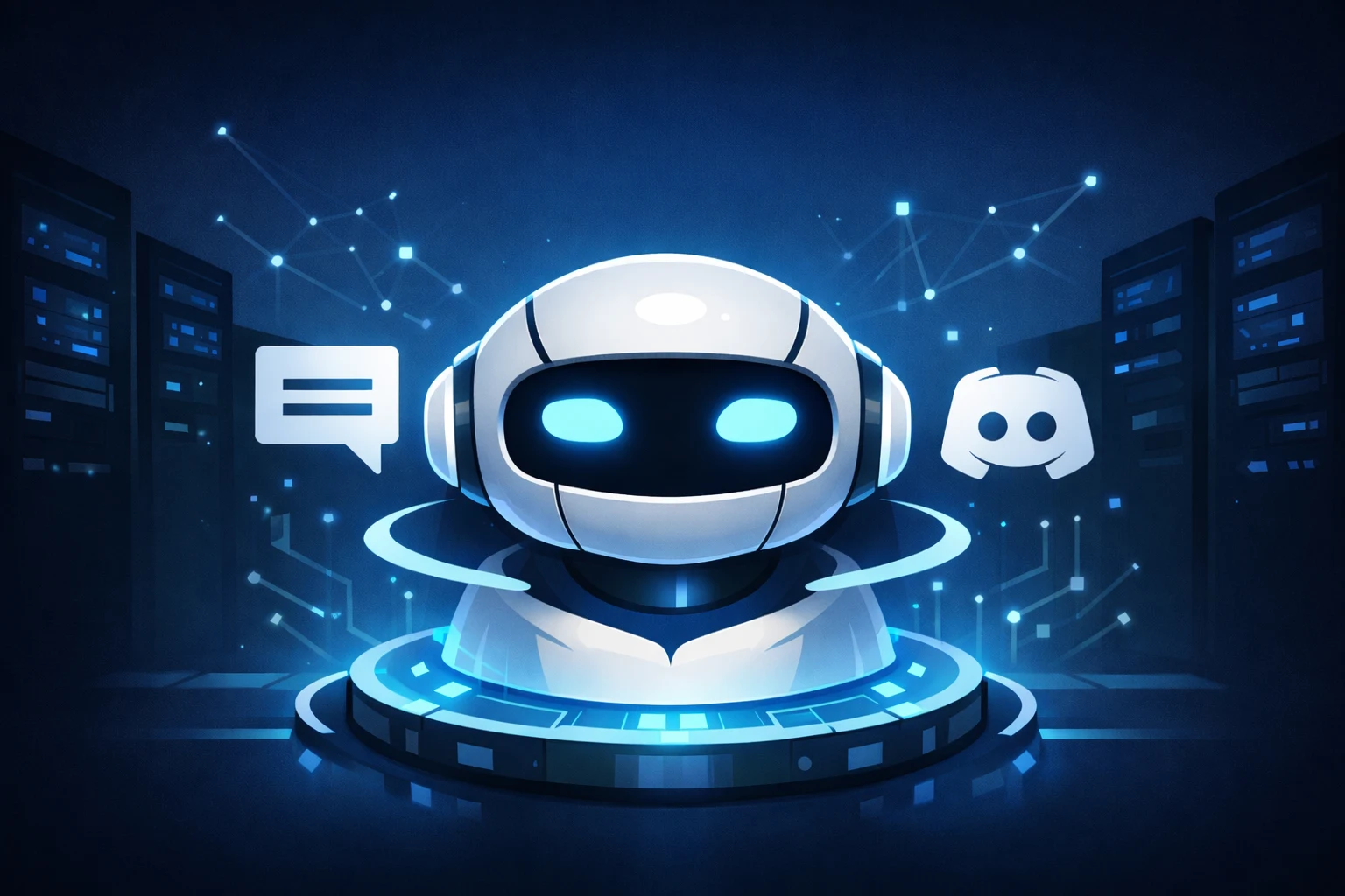 A friendly robot on a glowing platform between server racks, beside chat and Discord icons