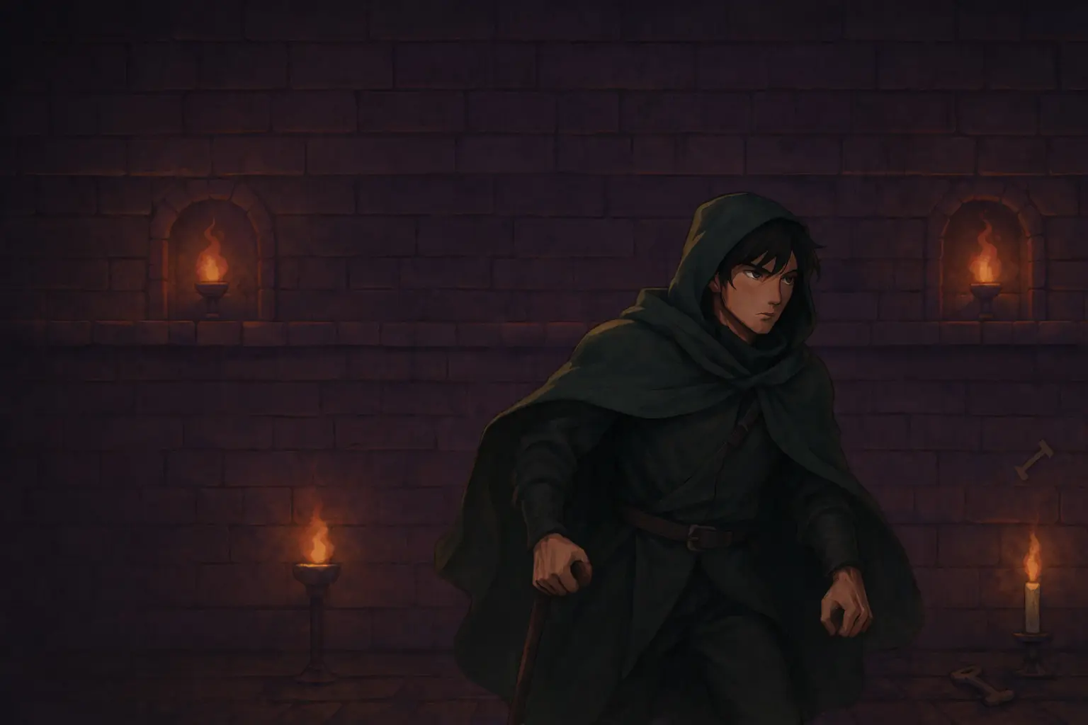 A hooded figure in a dark green cloak in a torchlit stone dungeon
